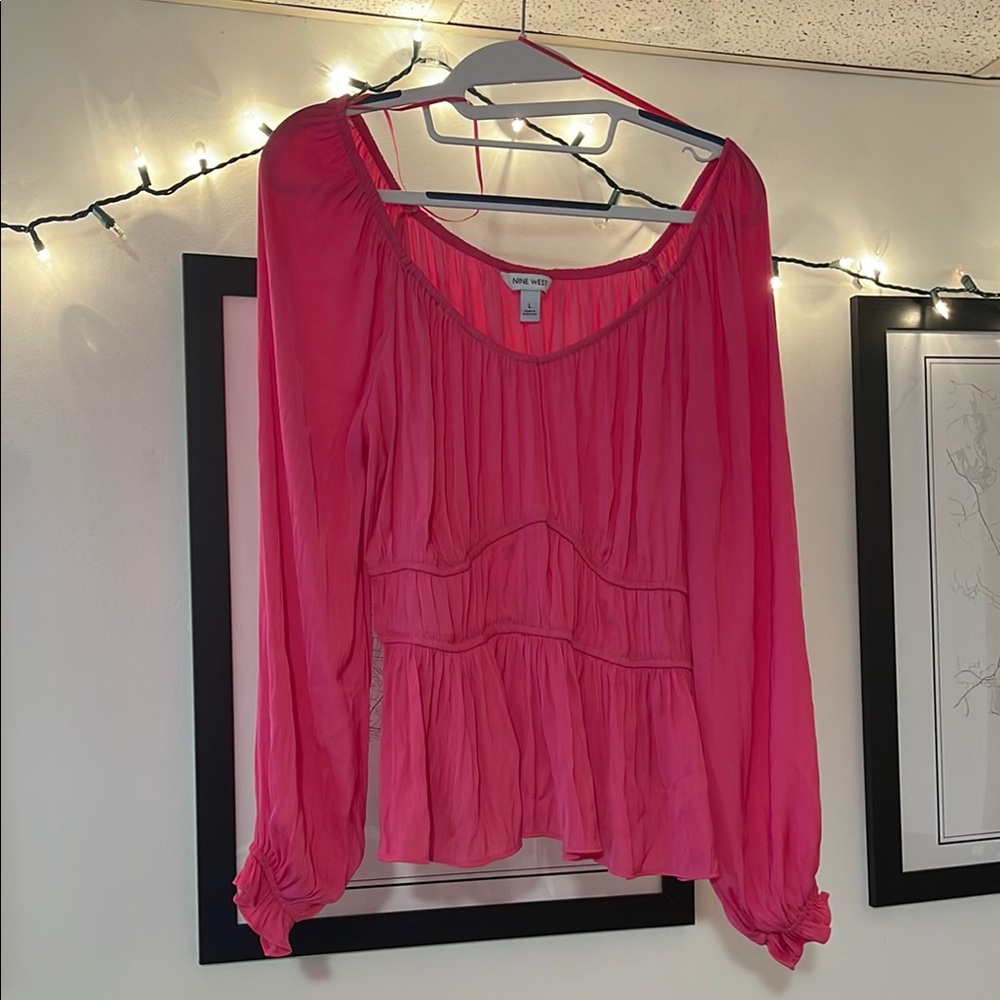 Nine West Pink Puff Sleeve Blouse with Ruffled Details